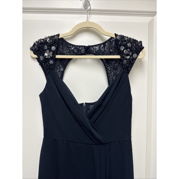 Adrianna Papell Size 2 Navy Cap-Sleeve Embellished Chiffon Mermaid Gown Dress - Picture 4 of 12